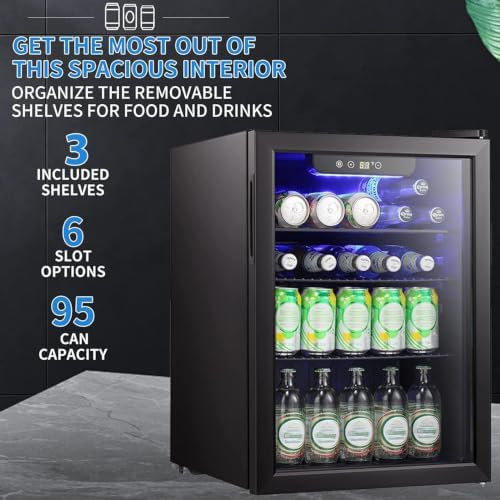Antarctic Star Mini Fridge-95 Can Beverage Refrigerator Wine Cooler Clear Front Glass Door Small Drink Touch Screen for Soda Beer Bar Office Home 2.6 cu.ft - Image 2