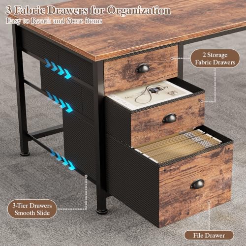 Furologee 55" L Shaped Desk with Power Outlets & USB-C Port, Reversible Corner Office Desk with File Drawers, Work Study Gaming Table for Home Office, Dorm, Rustic Brown - Image 5