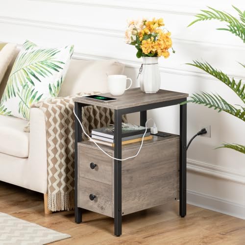 HOOBRO End Table with Charging Station, Narrow Side Table with 2 Drawers & USB Ports & Power Outlets, Nightstand for Small Spaces, Bedroom, Living Room, Stable and Sturdy, Greige and Black BG541BZ01 - Image 5