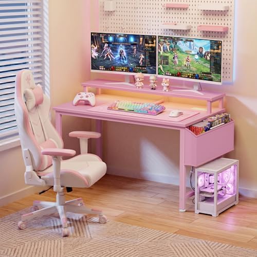 Lufeiya Small Girls Desk with Power Outlets and LED Lights, 32 Inch Gaming Desk Table with Charging Station, Home Office Computer Desks with Monitor, Pink - Image 2
