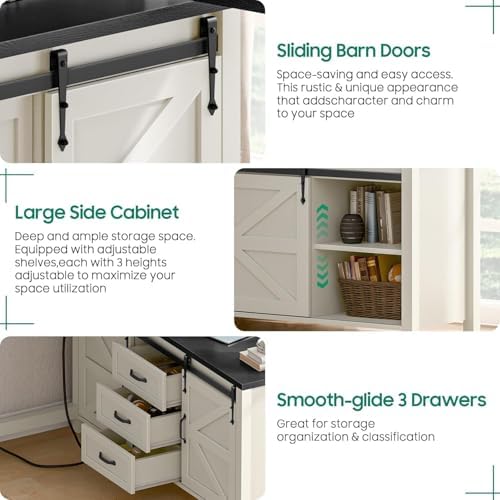 Executive L Shaped Office Desk with Drawers, Farmhouse Corner Desk for Home Office with Storage Cabinet, Computer Desk with Charging Station, Reversible Study Writing Table Workstation, Rustic White - Image 6