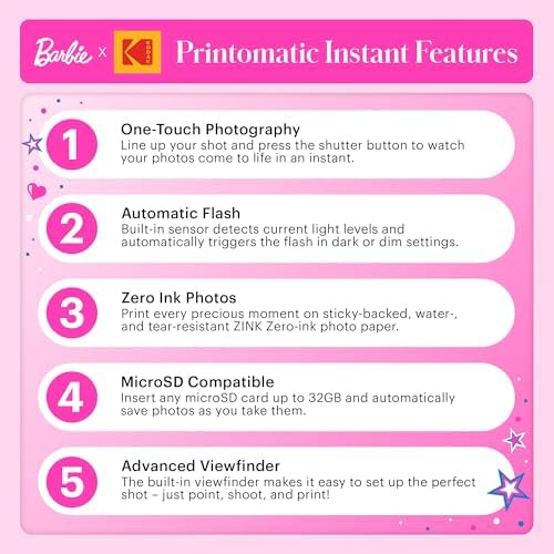 Barbie x Kodak Printomatic Full-Color Instant Print Digital Camera – 5MP Portable Barbie Camera Prints Colorful 2x3” Sticky-Back Photos – Signature Style - Image 6