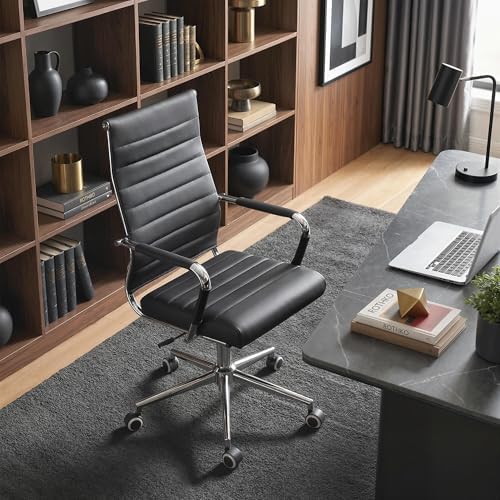 Okeysen Office Desk Chair, Ergonomic Leather Modern Conference Room Chairs, Executive Ribbed Height Adjustable Swivel Rolling Chair for Home Office Set of 2. (Black) - Image 7
