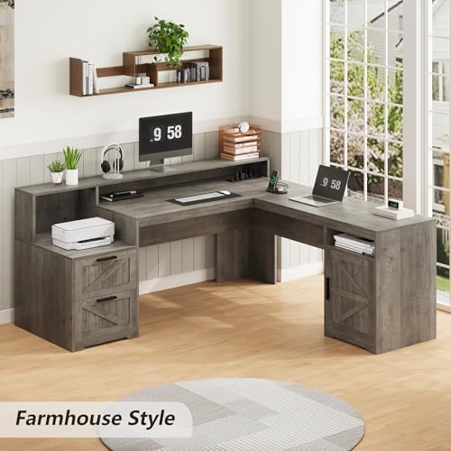 63" Farmhouse L Shaped Desk with Drawers & Printer Shelf for Home Office - Image 3