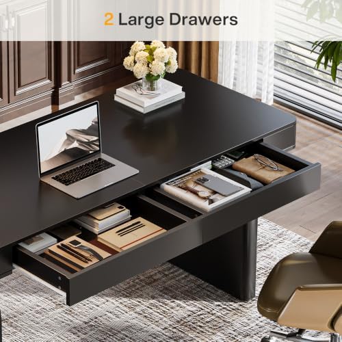 Tribesigns Black Desk with Drawers, 63-Inch Modern Elegant Glossy Executive Office Desk, Simple Work Study Writing Table for Home Office, Black - Image 5
