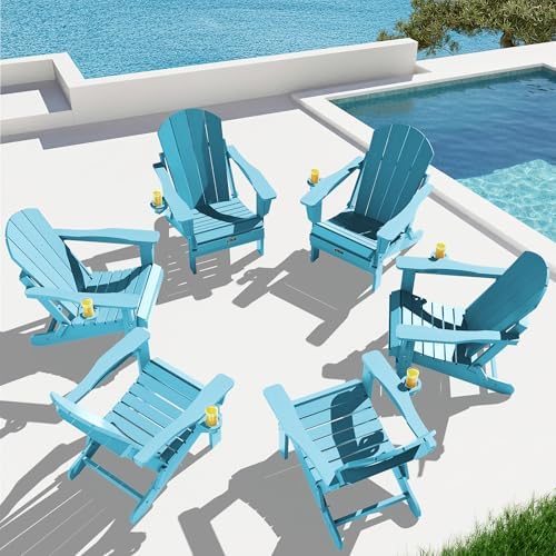 SERWALL Folding Adirondack Chairs Set of 6 with Cup Holders - Light Blue by SERWALL