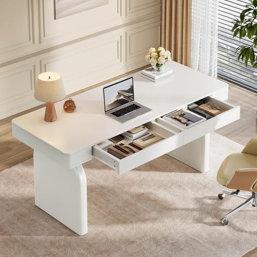 Tribesigns White Desk with Drawers, 63-Inch Modern Executive Office Desk, Glossy Elegant Work Study Writing Table for Home Office, Cream White - Image 5