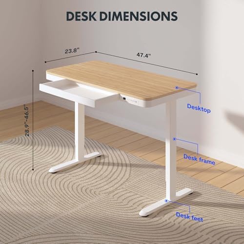 FLEXISPOT Comhar 48" Electric Standing Desk with Drawers, USB Charging Ports, Quick Assembly, Height Adjustable Sit Stand Desk with Child Lock for Natural Home Office, Bamboo Finish Top/White Legs - Image 3