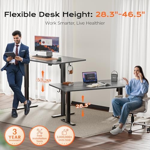 Huuger 63 x 28 Large Electric Standing Desk, Height Adjustable Computer Desk, 27.6" Deep Desktop, Stand up Gaming Office Table with 2 Hooks, 3 Preset Heights, for Home Office, Grey - Image 3