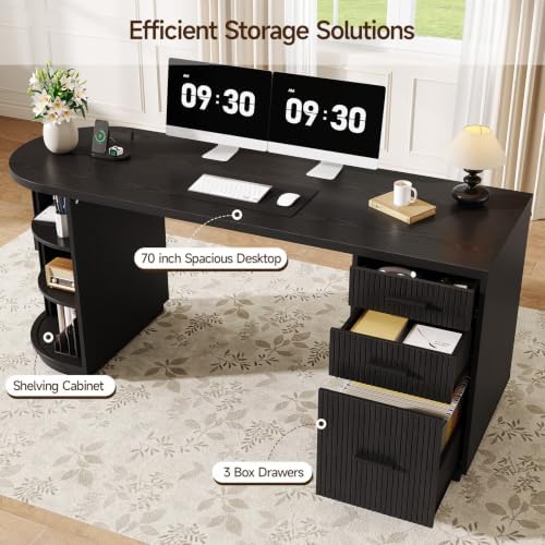 ONBRILL 70" Fluted Executive Desk with File Drawers (Black) - Image 3