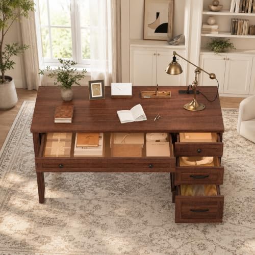 53.54" Executive Desk with Drawers, Farmhouse Home Office Desk with Charging Station & File Cabinet, 4 Storage Drawers Computer Desk with Power Outlet for Work Study Writing, Walnut Brown by SLEKVERSA