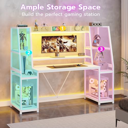 SEDETA 65.7'' Gaming Desk with LED Lights, Hutch and Storage Shelves, White - Image 6