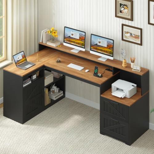 65" Farmhouse Computer Desk with Drawers and Printer Stand for Home Office by TVU