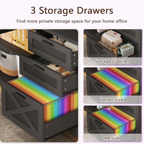 59" Farmhouse L Shaped Gaming Desk with Storage Drawers, LED Lights, Outlet - Image 5