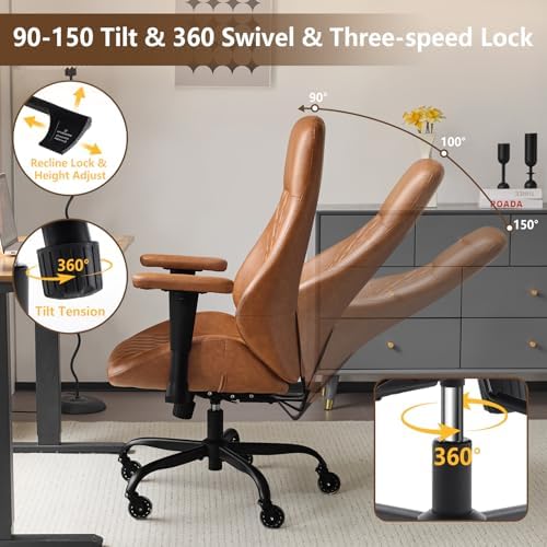 YFO Home Office Desk Chair High Back Office Rubber Casters Ergonomic Computer Chair with Lumbar Support Adjustable Height Rolling Swivel Chair Executive Task Armrests， Brown Leather - Image 3