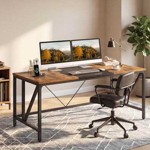 YATINEY 63" Computer Desk with Power Outlets, Gaming Desk, Large Office Executive Desk Workstation, Business Furniture for Home Office, Study, Rustic Brown and Black DN16UBR - Image 2