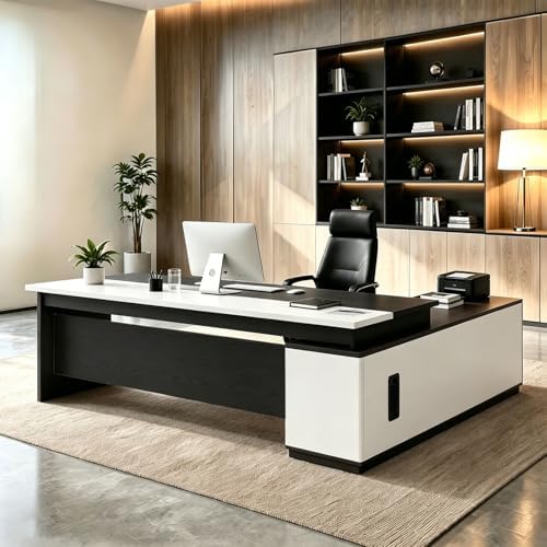 L Shaped Executive Desk with Drawers, Large Wood Workstation, Modern Executive Office Furniture for Home Office and Business Workspace, Multiple Sizes & Colors by Unknown