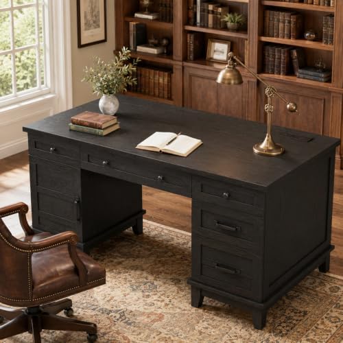 60" Farmhouse Executive Desk with File Drawers, Rustic Black - Image 3