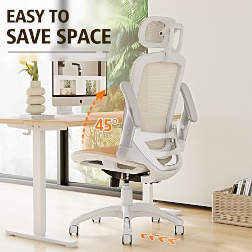 GABRYLLY Ergonomic Office Chair, High Back Home Desk Chair with 2D Flip-Up Arms, 3D Headrest, 90-120° Tilt and Wide Cushion, Big and Tall Mesh Chairs for Man Woman, Computer Task Chair Beige - Image 5