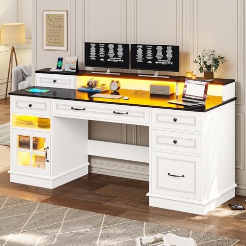 BTHFST 59.1" Executive Desk with File Drawer, Charging Station, White - Image 6