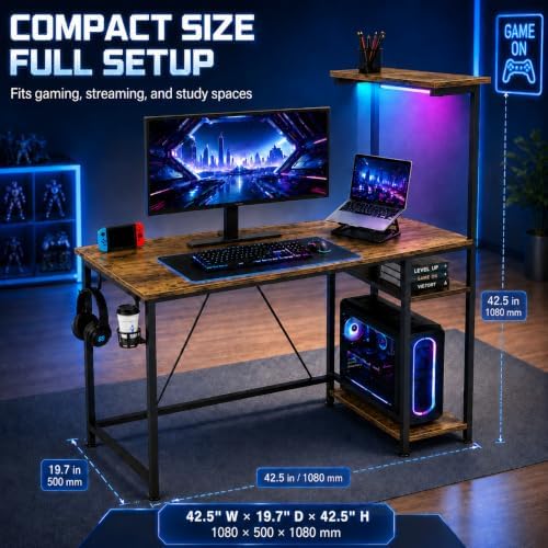 GTPLAYER 43" Gaming Desk with LED Lights, Reversible Shelves, Brown - Image 2
