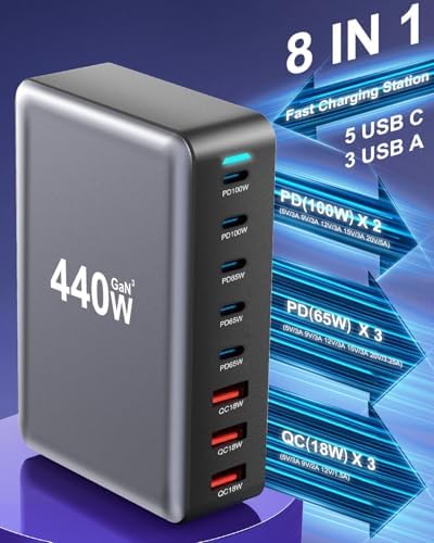 440W USB C Fast Charger Block, Multi-port USB Charging Station, GaN Ⅲ Double 100W PD PPS Port Fast Charging Station for Multiple Devices,Laptop Wall Charger Compatible with MacBook, iPhone 17,iPad etc - Image 4