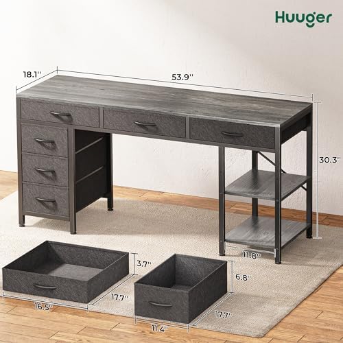 Huuger Computer Desk with 6 Drawers, Office Desk with Shelves, Reversible Gaming Desk, Corner Desk with Storage, Work for Home Office, Study, Living Room, 54inch, Grey - Image 3