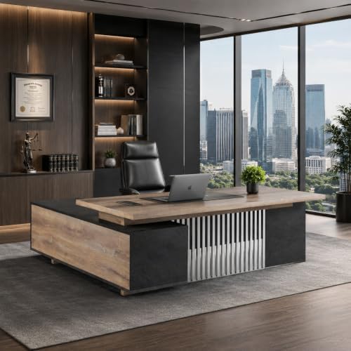 78.7 Inch Large Executive Desk with Drawers Cabinet, L Shaped Office Desk, Computer Desk with Universal Charging Ports and Cable Management for Business Furniture Set Workstation for Home Office - Image 4