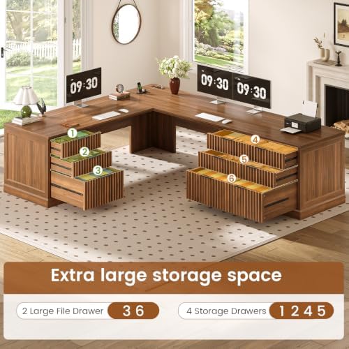 SEDETA Fluted 78.8" L Shaped Executive Desk with 6 Drawers, Brown - Image 3