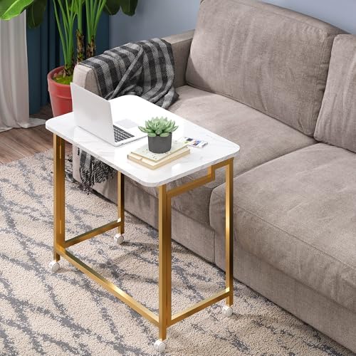 4NM 23.6" Mobile Small Rolling Computer Desk, Folding Laptop Cart Table with Wheels, Portable Office Desk for Small Space Couch Bed - White and Golden - Image 5