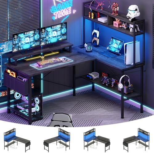 Aheaplus L Shaped Gaming Desk with Power Outlets & LED Lights, Black Oak by Aheaplus