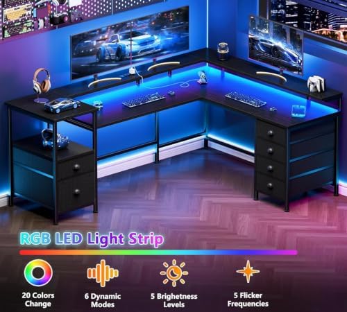 Furologee 66'' L Shaped Gaming Desk with 6 Drawers, LED, Outlets, Black - Image 5