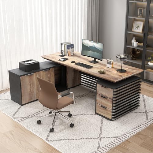 SAINTCY L Shaped Executive Standing Desk with Drawers, 70.87In Large Modern Adjustable Heigh Office Desk w/File Cabinet, AC/USB, 2.56" Thick Floating Desktop,for Home Office, Studio by SAINTCY