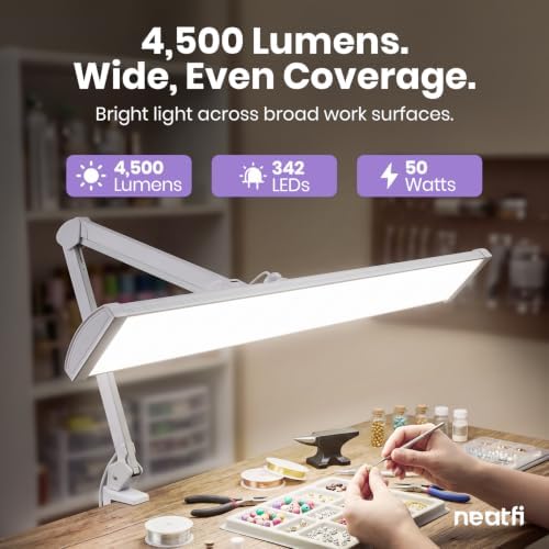 Neatfi Pro LED Task Lamp with Clamp | CRI 95 | 50W | 342 LED Beads | 4,500 Lumens | Touch Dimming | 6500K Daylight | Desk Light for Reading, Crafting & Home Office Use (White-7, 31.8-Inch Wide Shade) - Image 2