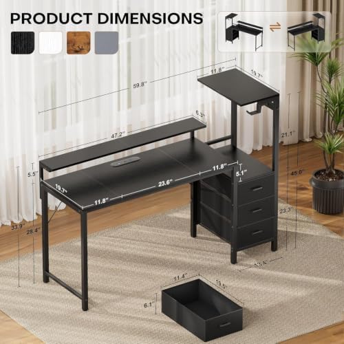 HLDIRECT 60 Inch Gaming Desk with Power Outlets & LED Lights, Black - Image 3