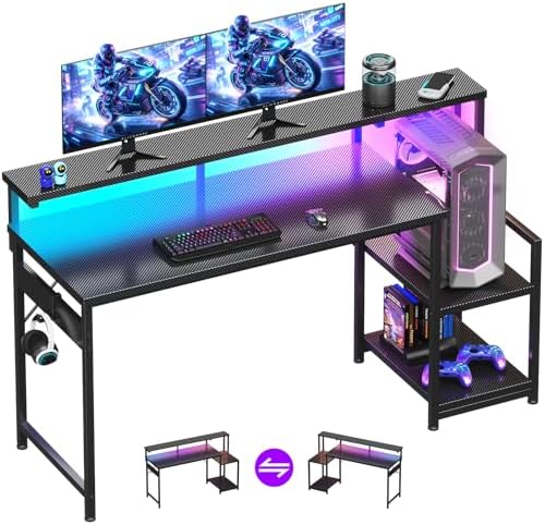 AODK 55 Inch Gaming Desk with LED Lights & CPU Stand, Carbon Fiber Black by AODK