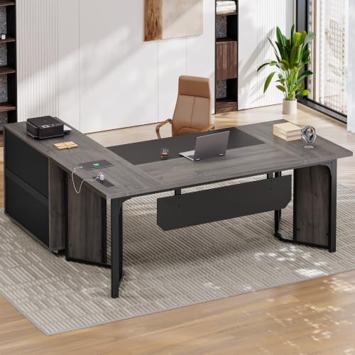 UPOSOJA 63" Executive Desk with Mobile File Cabinet, Large Office Desk with Drawer, Modern L Shaped Desk with Power Outlets, Storage Shelves, Corner Computer Desk Business Workstation Set (Grey) by UPOSOJAWishesYouaNiceDay