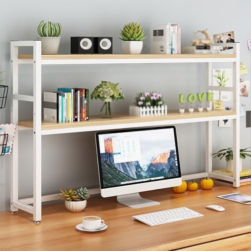 Desk Hutch Shelf Dorm Adjustable 3 Tier Countertop Desktop Bookshelf, Metal Hutch Bookcase Organizer for Office Computer Desk(White+Natural Wood,95cm/37.4in) by Unknown