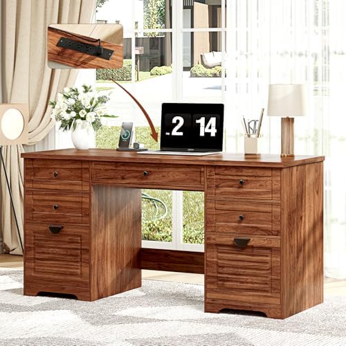 Ieejdn 59" Home Office Desks, Executive Desk, Farmhouse Computer Desk with 7 Drawers and Charging Station, File Drawer, Rustic Computer Writing Desk,Antique Chestnut - Image 7