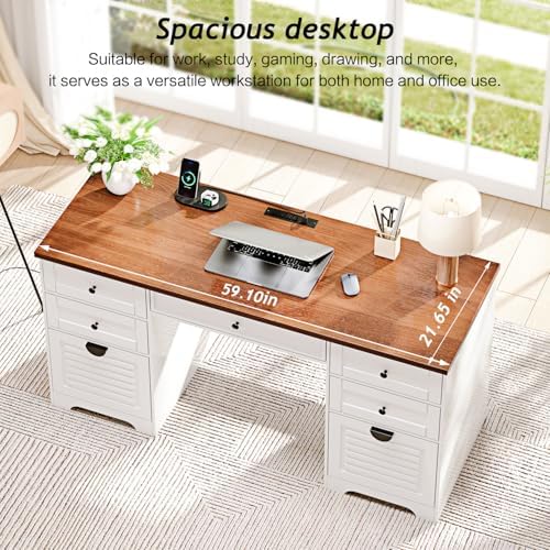 Ieejdn 59" Home Office Desks, Executive Desk, Farmhouse Computer Desk with 7 Drawers and Charging Station, File Drawer, Rustic Computer Writing Desk,Antique Cream - Image 4