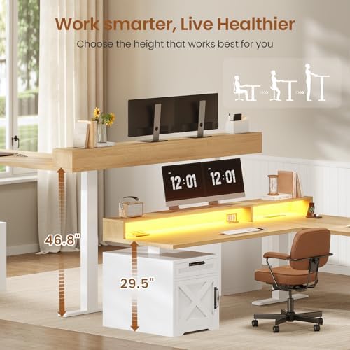 SEDETA Farmhouse L Shaped Standing Desk, 70.1" x 73.2" Height Adjustable Home Office Executive Desk with Drawers, Power Outlet, Monitor Stand, Sit Stand Table with Led Lights for Home Office, Oak - Image 3