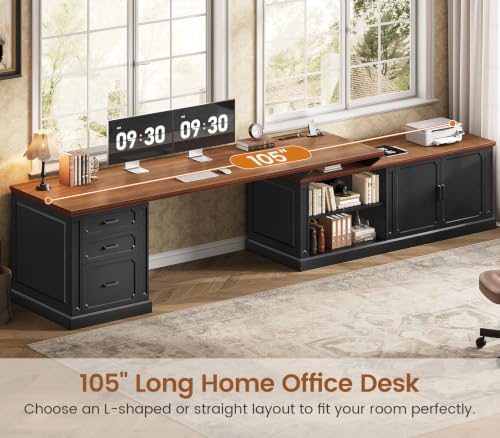 SEDETA Farmhouse L Shaped Desk with Drawers, 70.9" Home Office Desk with Storage Cabinet and Storage Shelves, L Shaped Computer Desk with Power Outlet，Black+Brown - Image 4