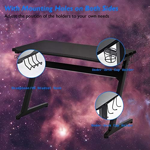 Tangkula Gaming Desk, Z Shaped Ergonomic Gaming Computer Desk, E-Sports Game Desk with Cup & Headphone Holder and Mouse Pad, Gamer Workstation, Carbon Fiber Surface and Z-Shape Steel Frame (Black) - Image 6