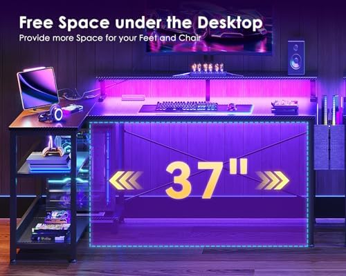 ODK 48 Inch L Shaped Gaming Desk with LED Lights, Power Outlets, Black - Image 4