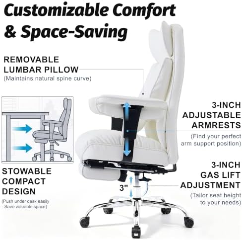 Efomao Executive Office Chair 400lbs,White Big and Tall Desk Chair - Image 6