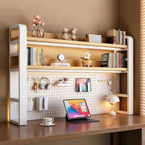 2/3/4 Tier Desktop Bookshelf with Pegboard and Storage Parts, Metal Desktop Organizer Hutch, Desk Shelves for Top of Desk, Shelf Organizer Display Rack for Dorm Home(White+Wood,3-tier L45.2in) by Unknown
