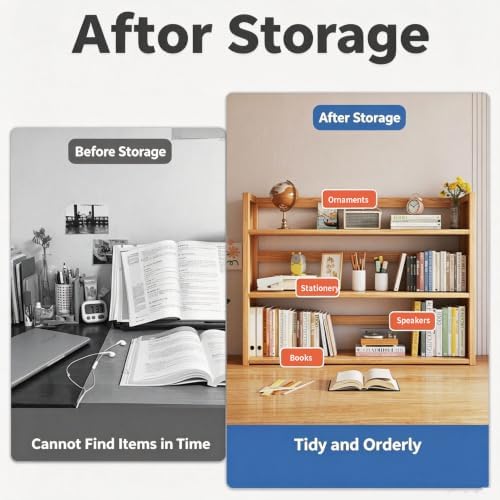 3 Tier Solid Wood Bookshelf for Desktop with Storage Shelves - Image 4