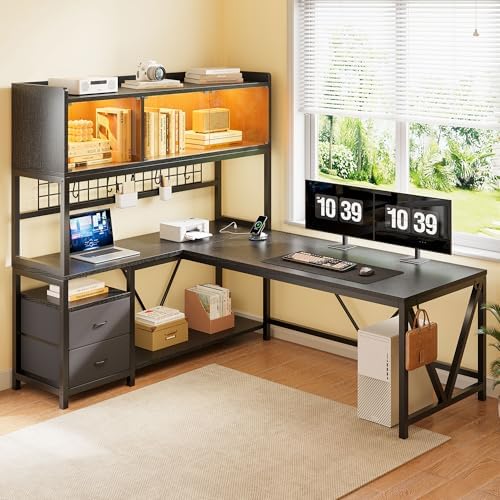 L Shaped Gaming Desk with Fabric Drawers and Power Outlet, Corner Computer Desk with LED-Lit Tempered Glass Display Cabinet, L Shaped Office Desk with Storage,PC Desk for Gaming and Home Office, Black - Image 3