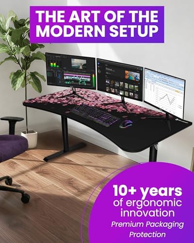 Arozzi Arena Special Edition Ultrawide Curved Gaming and Office Desk with Full Surface Water Resistant Desk Mat Custom Monitor Mount Cable Management Cut Outs - Flower - Image 6