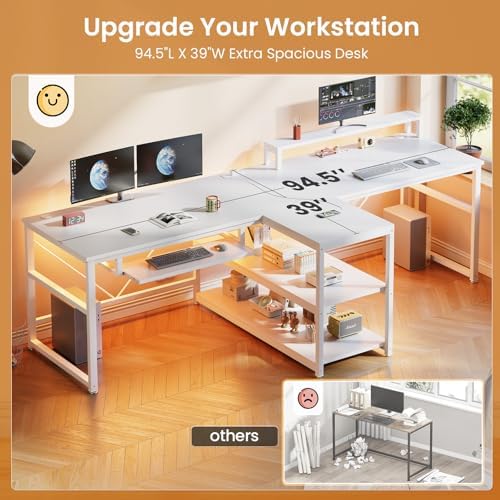 SEDETA 94.5" 2 Person Gaming Desk with Storage Shelves, LED Light, White - Image 5